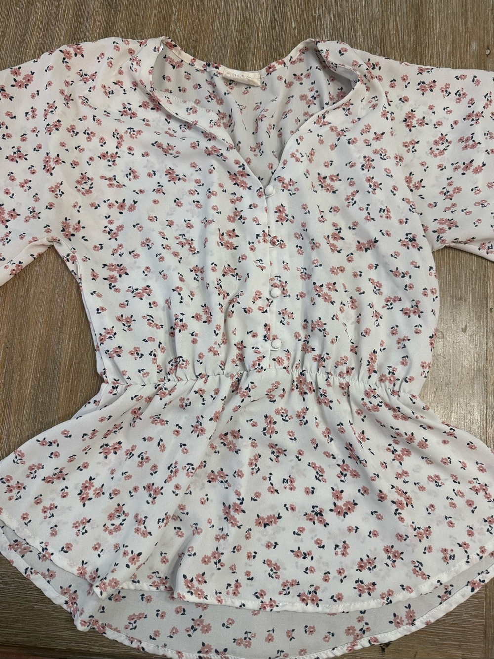 Sienna Sky White Floral Button-Front Peplum Blouse with Pink Flowers